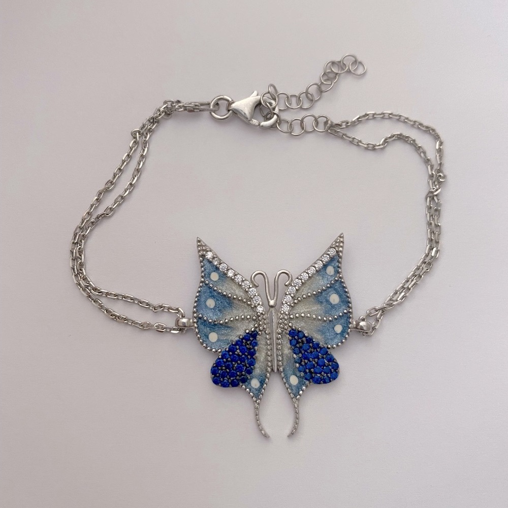 925 Silver bracelet butterfly sapphire blue zirconia cz stones handmade enamel